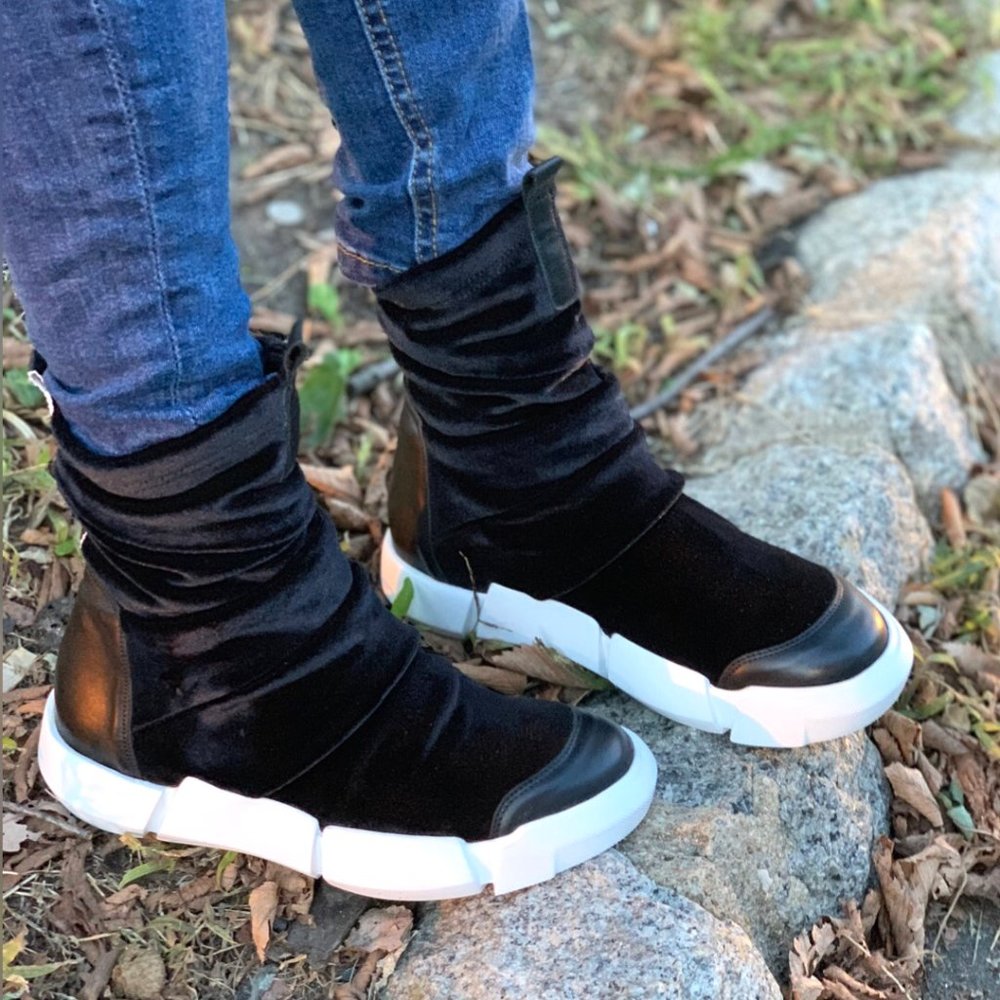 Elena Iachi Ankle Sneaker in Black Velvet Elastic